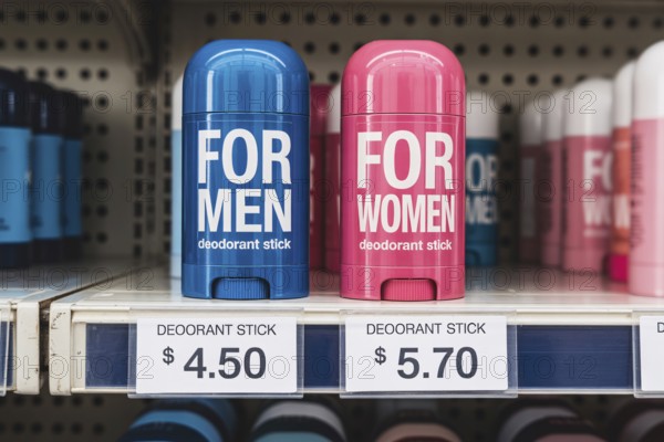 Gender-labeled deodorant sticks with unequal prices. Illustration of the pink tax in retail. Generative ai, AI generated