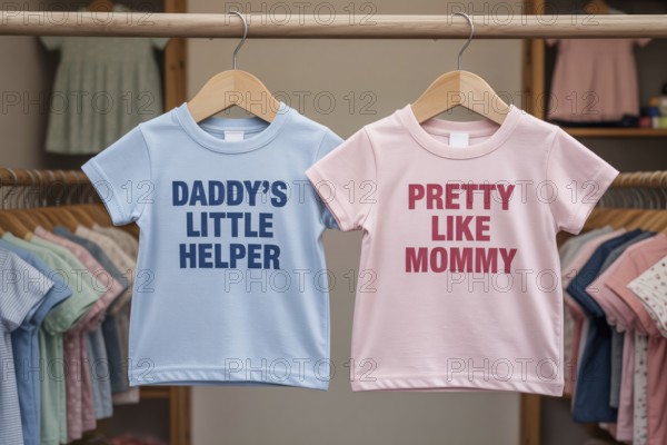 Baby pink and blue children's shirts with stereotypical text, highlighting early gender norms and societal expectations. Generative AI, AI generated
