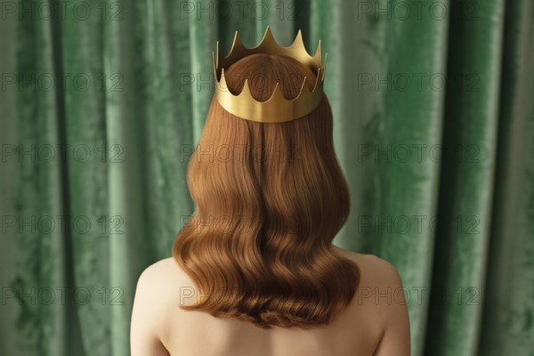 Woman in golden crown seen from behind against green velvet. Elegant portrait symbolizes female empowerment and female leadership. Generative Ai, AI generated