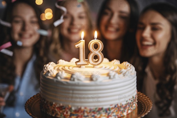 Birthday cake with 18 candle. Celebration scene marks the milestone of adulthood and legal age in many countries. Generative Ai, AI generated