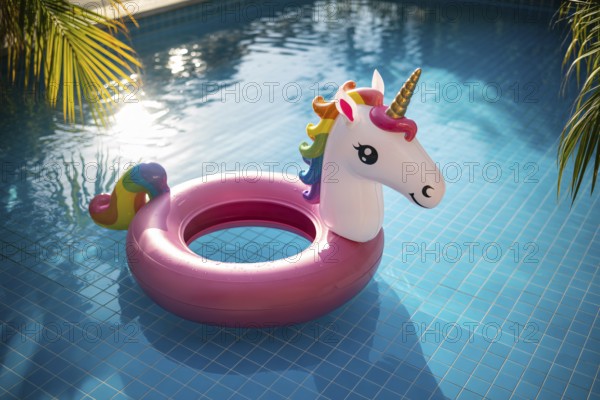 Unicorn pool float drifting in sunny tropical pool. Playful summer scene captures leisure, fun, and childhood nostalgia. Generative ai, AI generated