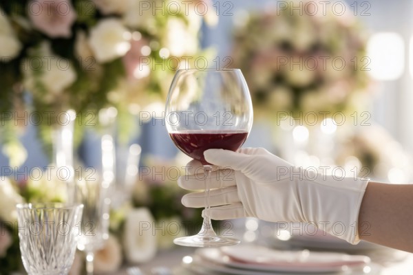 White silk glove holding red wine glass at elegant wedding reception. Generative Ai, AI generated