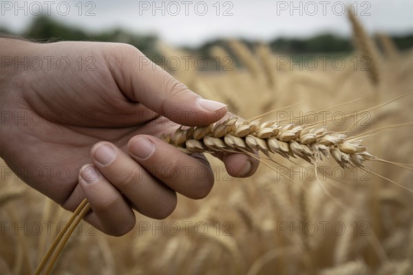 Hand holding wheat grain in front of golden wheat field at harvest time. Generative ai, AI generated