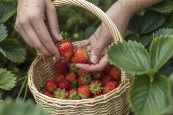 Woman's hands placing fresh strawberries into a basket during harvesting. Generative ai, AI generated
