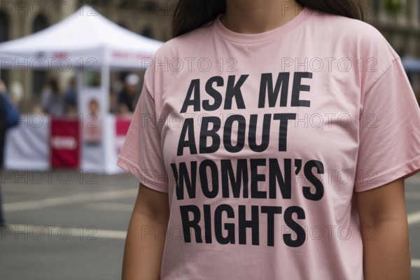 Close-up of woman in pink shirt with feminist message As me about women's rights at street info booth. Generative ai, AI generated
