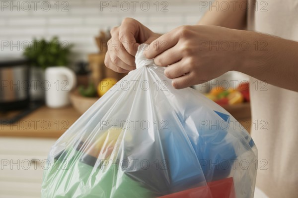 Close up of person tying up a garbage bag in a home kitchen as part of daily waste disposal. Generative ai, AI generated