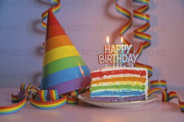 Rainbow party cake slice with matching rainbow hat and festive streamers. Generative ai, AI generated