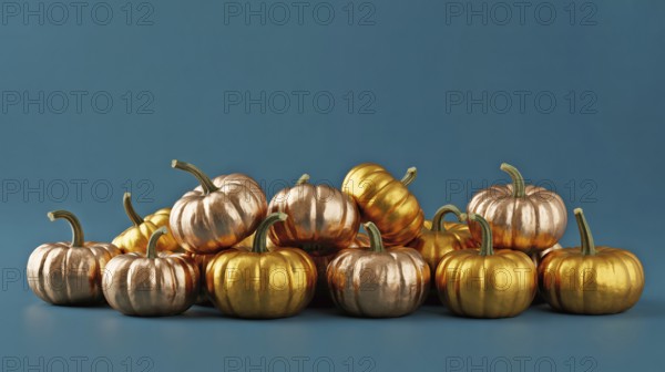 Metallic golden and copper pumpkins piled on blue background. Festive autumn harvest decoration banner with. Generative ai, AI generated