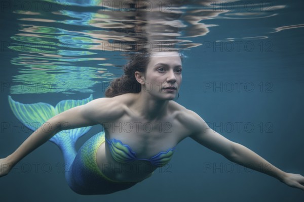 Mermaid swimming underwater with tropical fish in blue ocean. Generative ai, AI generated