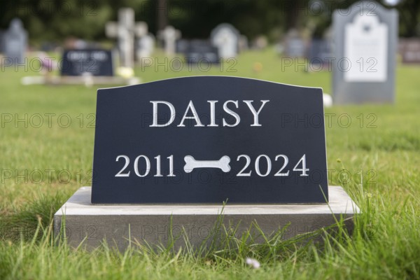 Traditional tombstone with bone for a dog in a pet cemetery. Memorial tribute for a beloved animal companion. Generative ai, AI generated