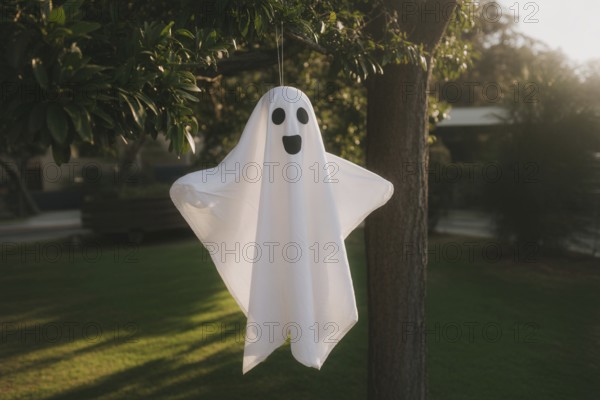 Funny white sheet ghost Halloween decoration hanging from tree. Concept of spooky seasonal tradition. Generative ai, AI generated