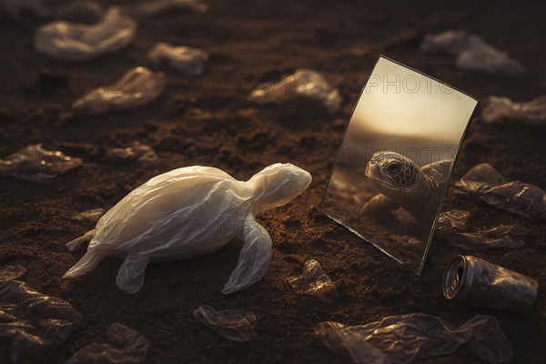 Plastic bag in the shape of a turtle, lying on dirty sand surrounded by plastic waste and looking at a mirror in which the reflection of a real turtle appears, warm light, symbolic juxtaposition of reality and loss of biodiversity through environmental destruction, AI-generated, AI-generated, AI generated