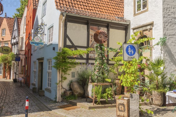 Renovated Schnoor district with small shops, galleries, restaurants, cafés and residential buildings, Gängeviertel in the old town, former fishermen's and boatmen's settlement, narrow alleyways, pedestrian zone sign, numerous listed buildings, classicist, historic, baroque and renaissance architecture, Schnoor One Museum, potted plants, greenery, tourist attraction, destination, pleasure, Hanseatic city of Bremen, Germany