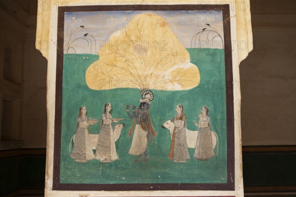 Mural painting in the Amber Fort or fortress, Jaipur, Rajasthan, India