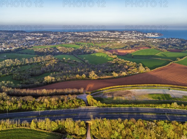 Farms and Fields over Torquay from a drone, Devon, England, United Kingdom