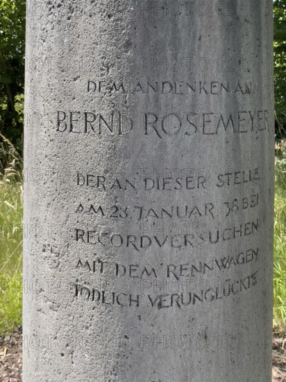 Free-standing stone column Monument with inscription in memory of Bernd Rosemeyer, who died in an accident on this spot on 28 January 1938 while attempting to set a record in a racing car, Mörfelden-Walldorf, Hesse, Germany