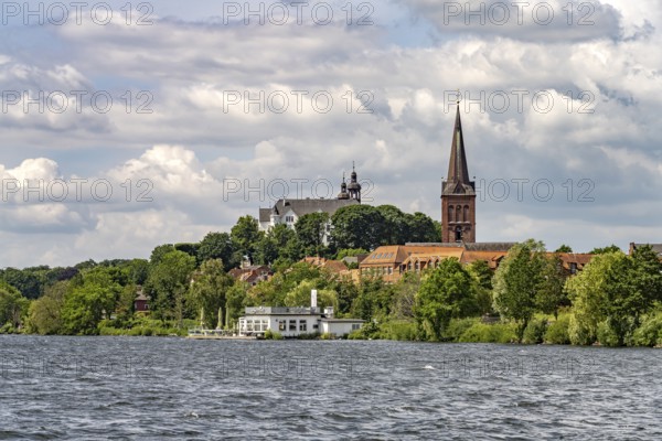The Great Plön Lake, Nikolai Church and Plön Castle in Plön, Schleswig-Holstein, Germany