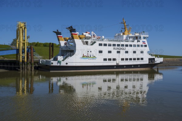 Ferry in the harbour, Tammensiel, Pellworm Island, North Frisia, North Sea, Schleswig-Holstein, Germany