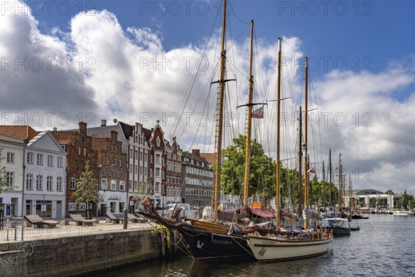 Traditional sailing ships in the museum harbour of the Hanseatic city of Lübeck, Schleswig-Holstein, Germany
