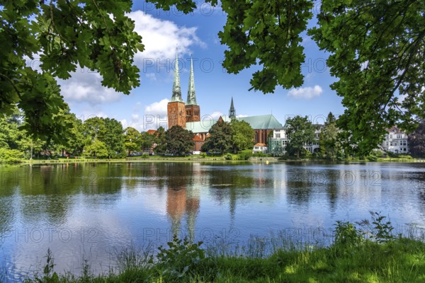 Mill pond and Lübeck Cathedral, Hanseatic City of Lübeck, Schleswig-Holstein, Germany