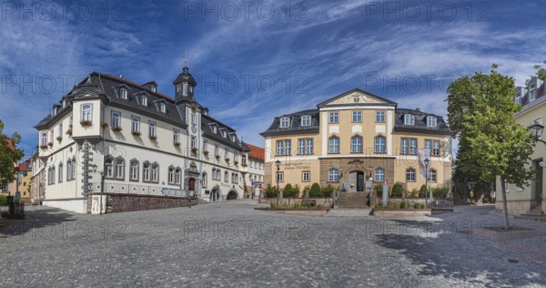 At the market with town hall and Göthe City Museum in Ilmenau, Thuringia, Germany