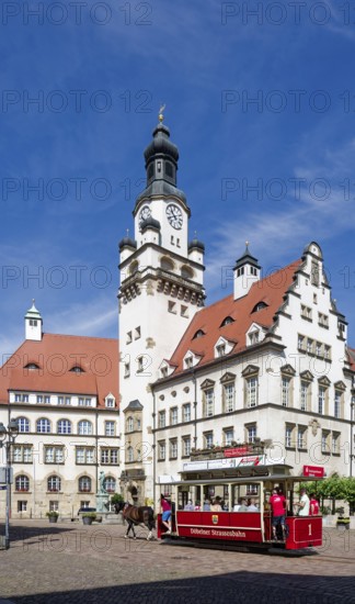 Döbeln tram, historic horse-drawn tram at the Döbeln upper market, rail transport, local public transport, tradition, traditional association, museum, museum railway, old town of Döbeln, Saxony, Germany