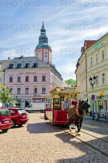 Döbeln tram, historic horse-drawn tram at the Döbeln upper market, rail transport, local public transport, tradition, traditional association, museum, museum railway, old town, Döbeln, Saxony, Germany