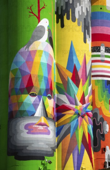 Saginaw, Michigan - The Shine Bright mural on abandoned grain elevators. The mural was created when the community raised $50, 000 to bring Spanish street artist Okuda San Miguel (OKUDA) to Saginaw