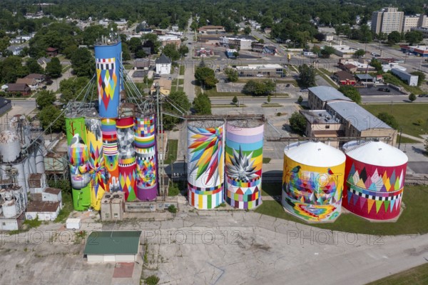 Saginaw, Michigan - The Shine Bright mural on abandoned grain elevators. The mural was created when the community raised $50, 000 to bring Spanish street artist Okuda San Miguel (OKUDA) to Saginaw