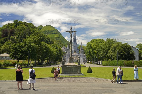 Saint district of Lourdes with the Rosary Square and basilica in the Marian pilgrimage town of Lourdes, Pyrenees, France