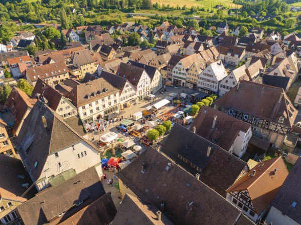 Aerial view of a village with red roofs and green surroundings in sunny summer light, 950 years Weil der Stadt ceremony, Böblingen district, Germany
