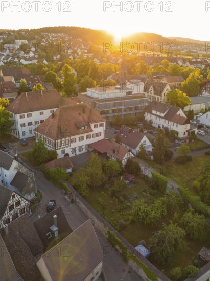Idyllic view of a village at sunset with historic buildings and lush greenery, 950 years Weil der Stadt ceremony, Böblingen district, Germany