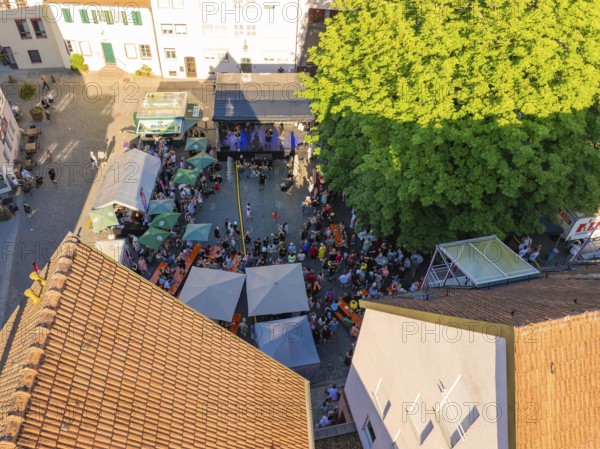 Aerial view of a large open-air event with many visitors and a stage, 950 years Weil der Stadt ceremony, Böblingen district, Germany