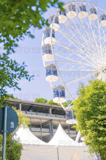 Ferris wheel and tents in an urban setting, framed by trees against a bright summer sky, Calw, Germany