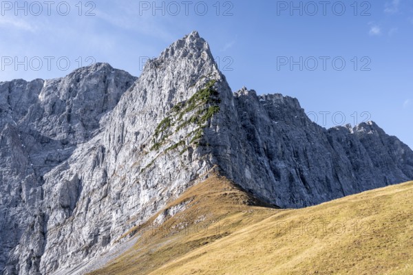 Rocky mountain ridge, mountain landscape in autumn in the morning light, rocky mountain peak Dreizinkenspitze, Hohljoch, Rißtal in the Eng, Karwendel, Tyrol, Austria