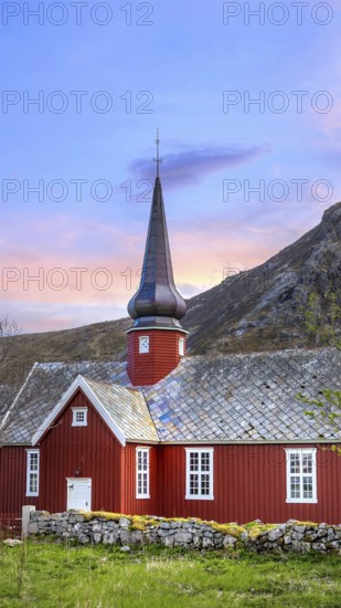 Flakstad Church near Flakstad in Lofoten Islands on the way to Reine fisherman village