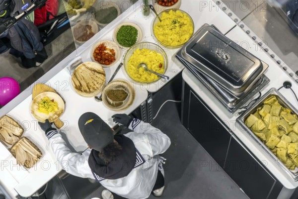 Maultaschen with potato salad. Caterer with Swabian regional dish during an event in Stuttgart, Baden-Württemberg, Germany