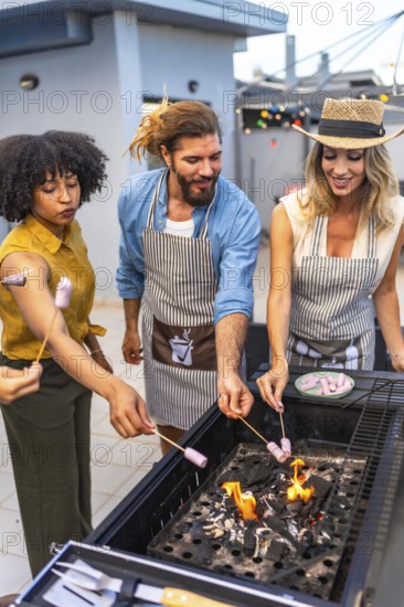 Cheerful friends enjoying a rooftop party, grilling marshmallows on skewers over a lively barbecue fire, creating fun summer memories together