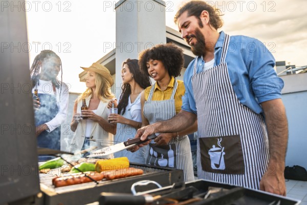 Chefs grilling colorful vegetables and sausages while friends enjoy drinks and laughter at a lively rooftop barbecue during sunset