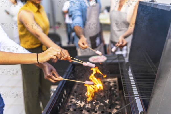 Friends are grilling marshmallows on skewers over a barbecue fire, enjoying a summer cookout together