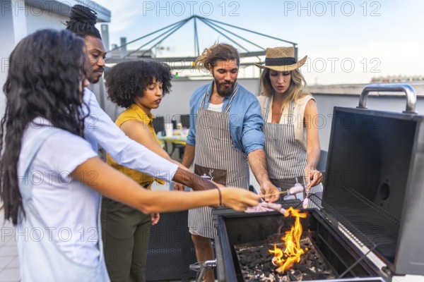 Chefs grilling sausages on a rooftop, enjoying a lively party with friends, creating delicious meals under the sunny sky