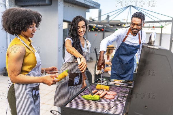 Chefs grilling delicious barbecue food for a rooftop party, preparing vibrant vegetables and savory meats under the warm sun