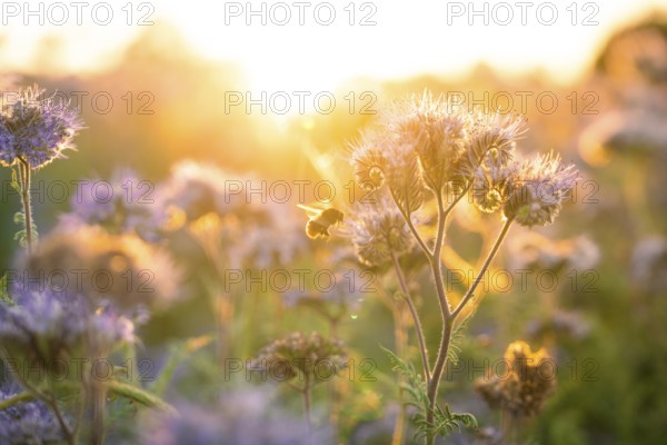 A bee flies over flowers in the golden evening sun, Gechingen, Landkeis Calw, Germany