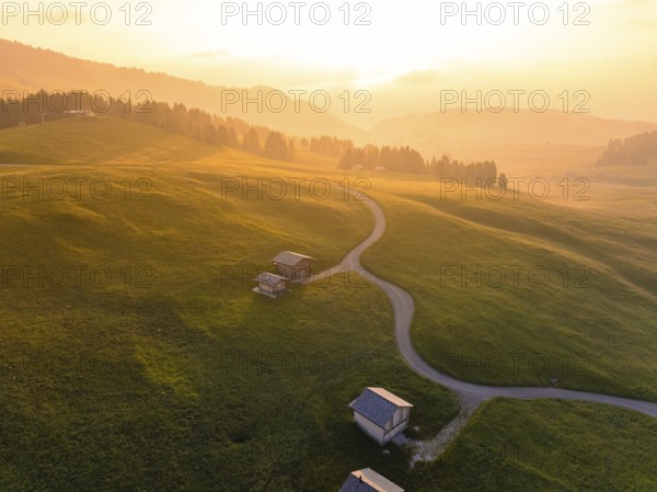Houses on a hilly landscape at sunset, surrounded by forest, Alpe di Siusi, Dolomites, South Tyrol, Italy