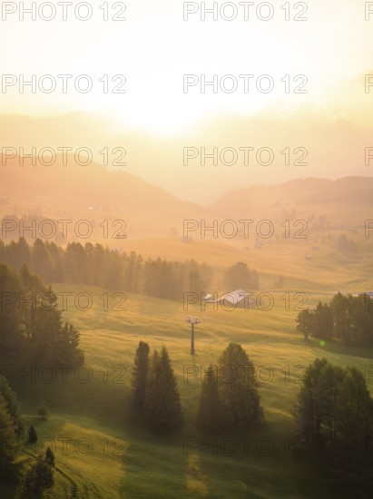 Forest and fog in the soft sunlight, illuminating the valley, Alpe di Siusi, Dolomites, South Tyrol, Italy