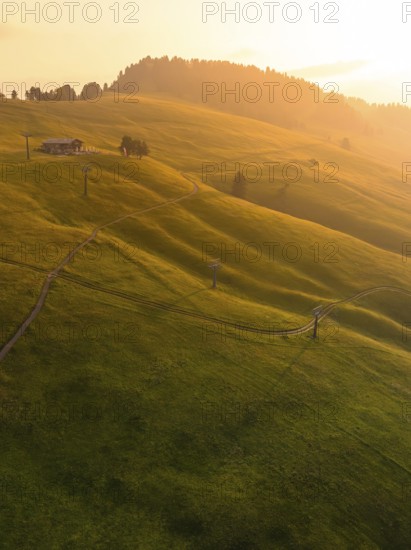 Wide meadow landscape in soft evening light with meandering paths, Alpe di Siusi, Dolomites, South Tyrol, Italy