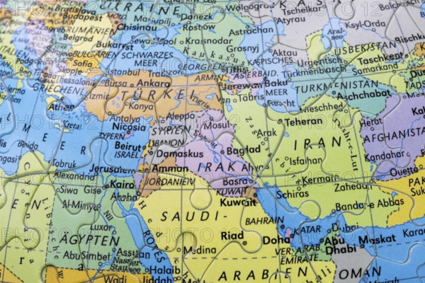 Puzzle globe. Map made from puzzle pieces. Turkey, Israel, Mediterranean, Iran