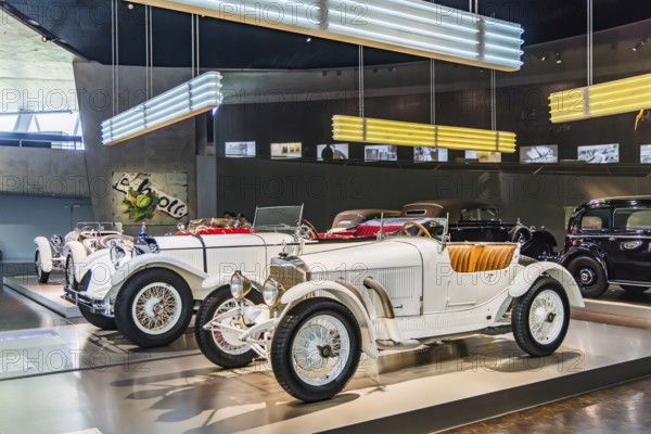 Mercedes-Benz 10-40 hp sports two-seater from 1923. The Mercedes-Benz Museum in Stuttgart presents a journey through the automotive history of the global corporation. The history of the Mercedes star begins with the first automobile in 1886. Stuttgart, Baden-Württemberg, Germany