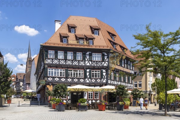 Town view of Nagold in the northern Black Forest. Half-timbered house Hotel Post on the suburban square. Nagold, Baden-Württemberg, Germany