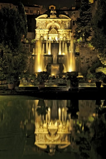 Fish ponds, Neptune Fountain, Fontana di Nettuno, Fountain of the Hydraulic Organ, Fontana dell'Organo, Renaissance garden of Villa d'Este, water features, fountains, atmospheric illumination at night, UNESCO World Heritage Site, Tivoli, metropolitan city of Rome, Lazio, Italy